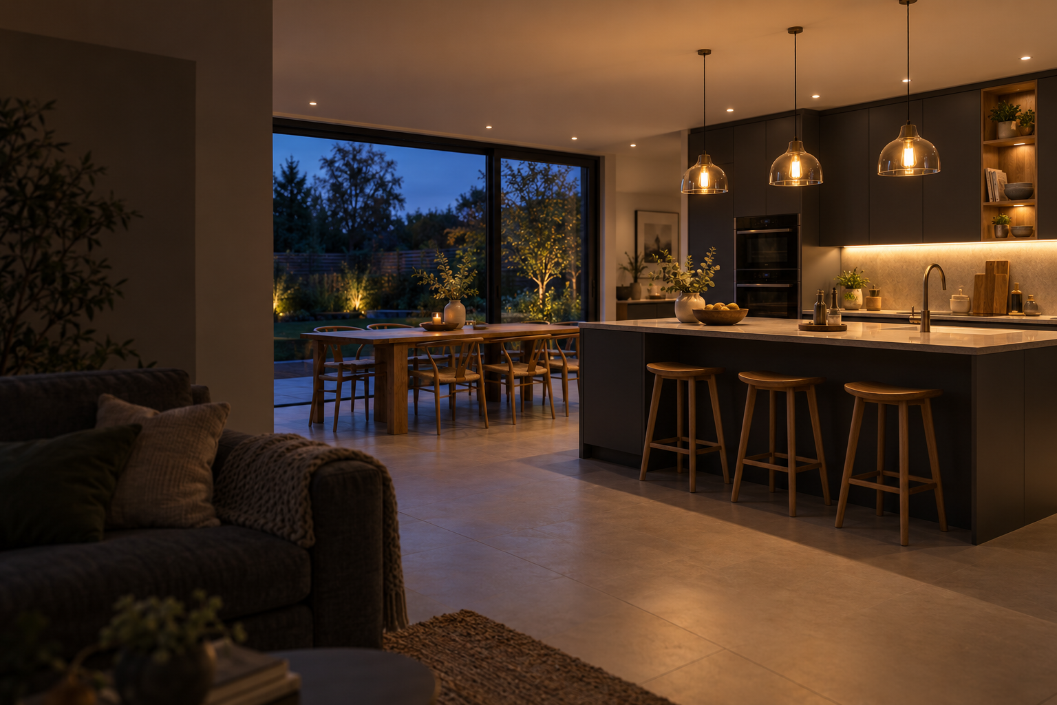 Illustrative kitchen at dusk with warm pendant and recessed lighting