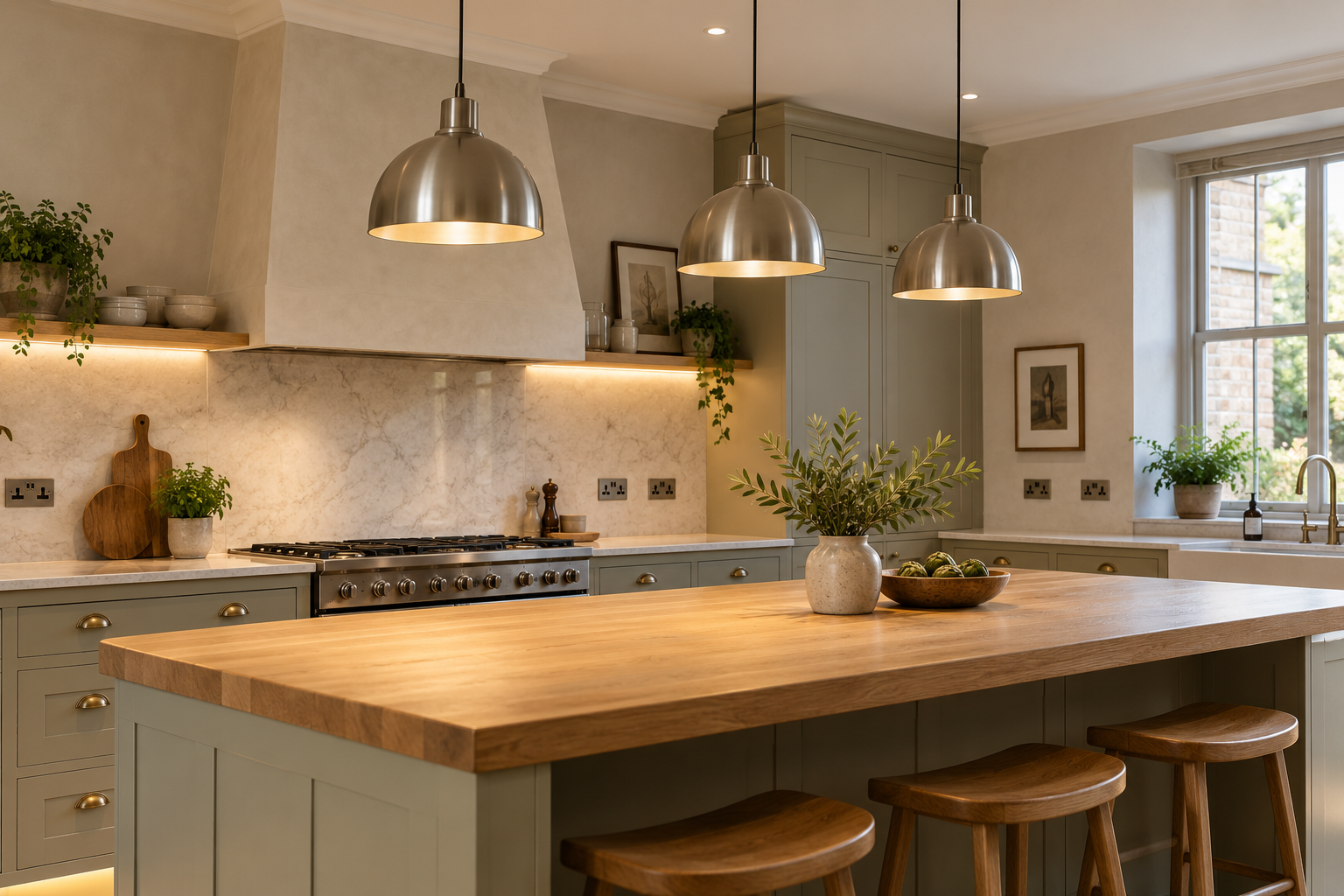 Illustrative kitchen with pendant lights above an oak island