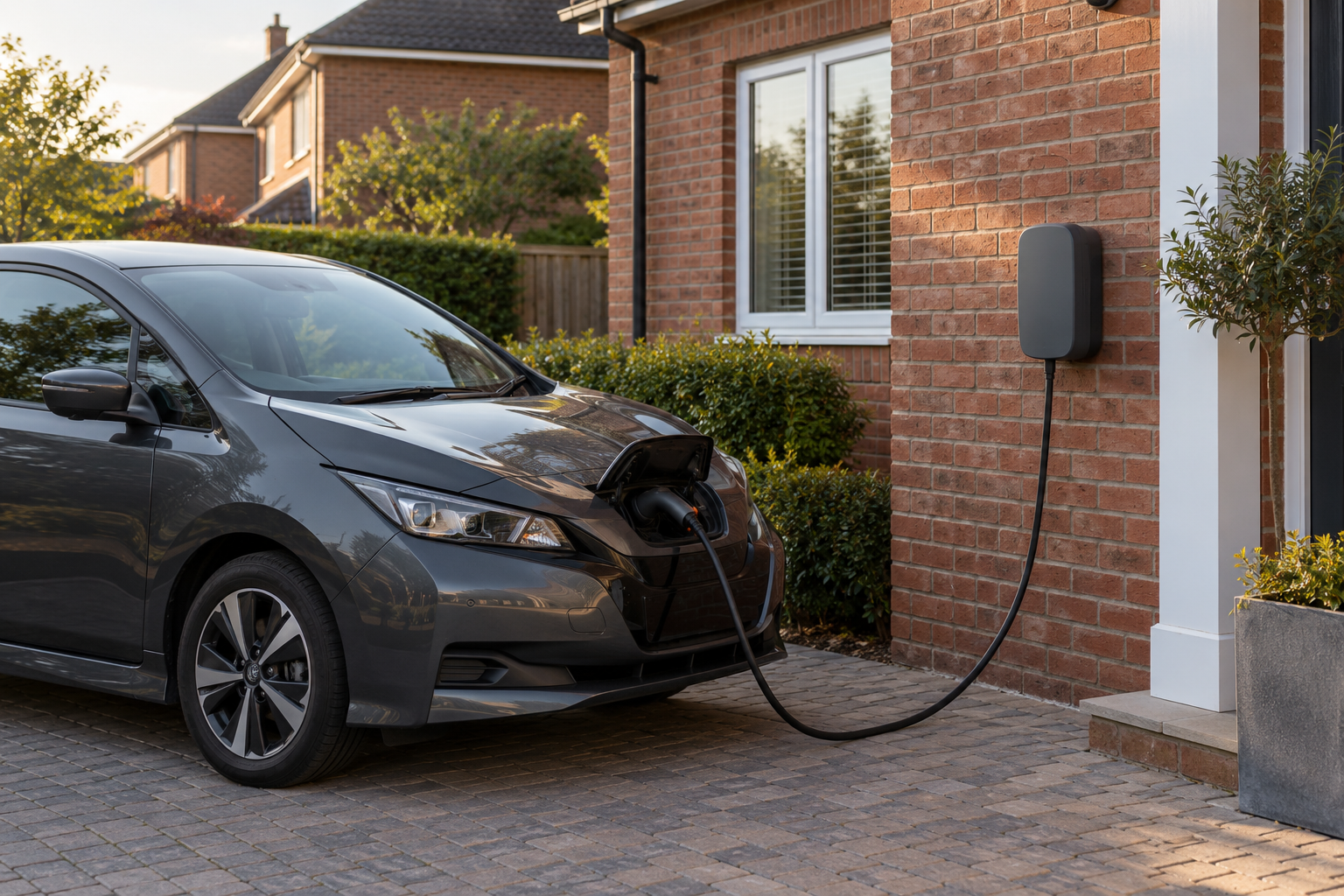 Illustrative unbranded EV charger beside a car on a driveway