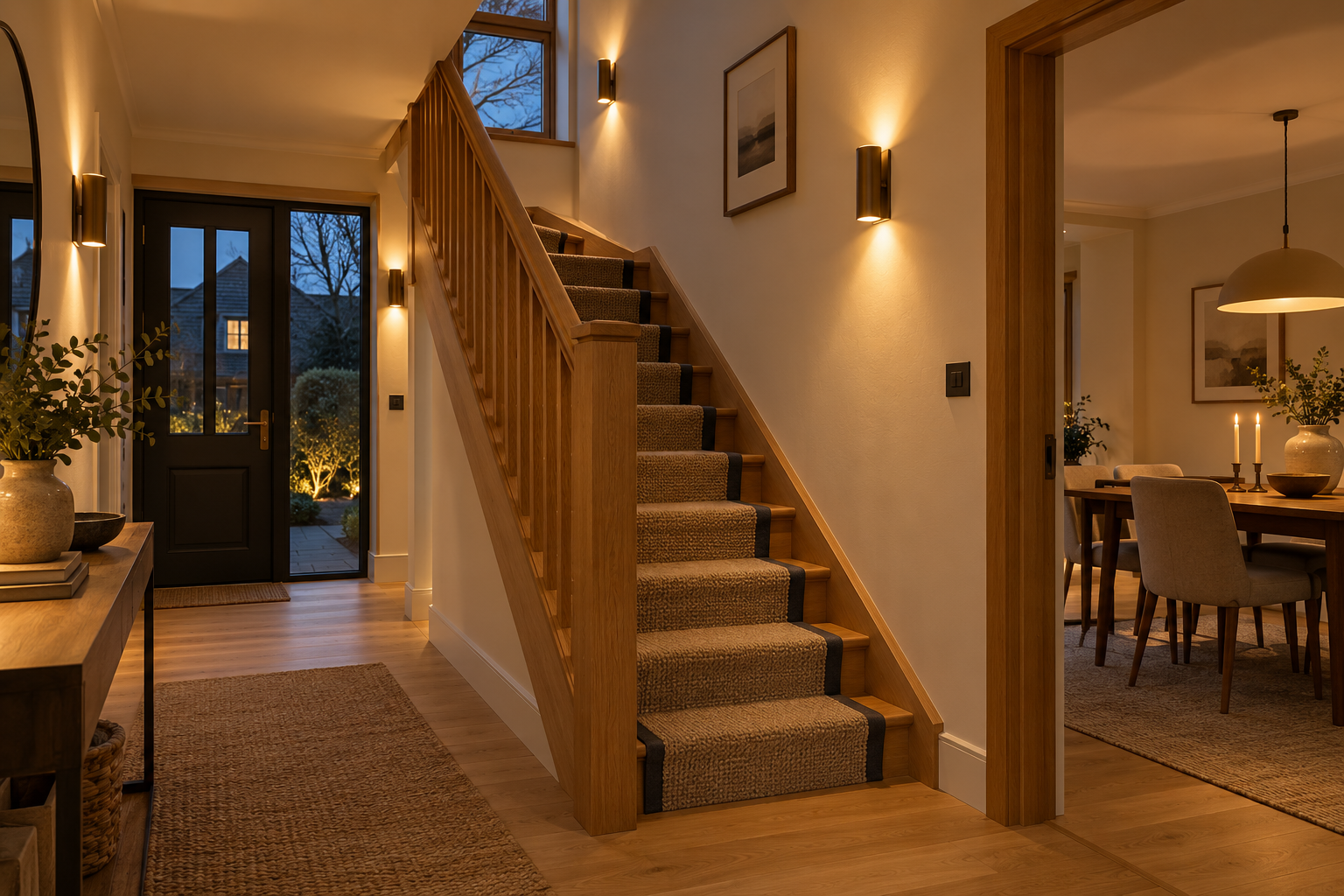 Illustrative entrance hall with warm wall lighting